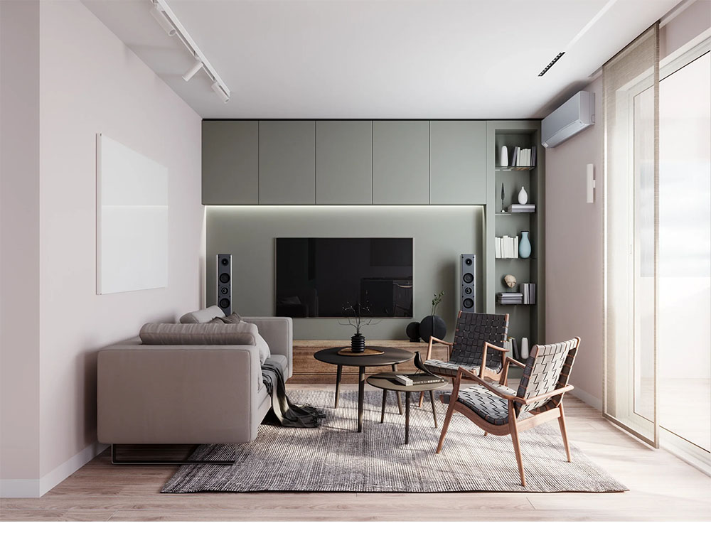 Modern living room with a minimalist design. Air conditioning on the right wall.