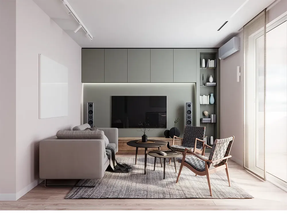 Modern living room with a minimalist design. Air conditioning on the right wall.